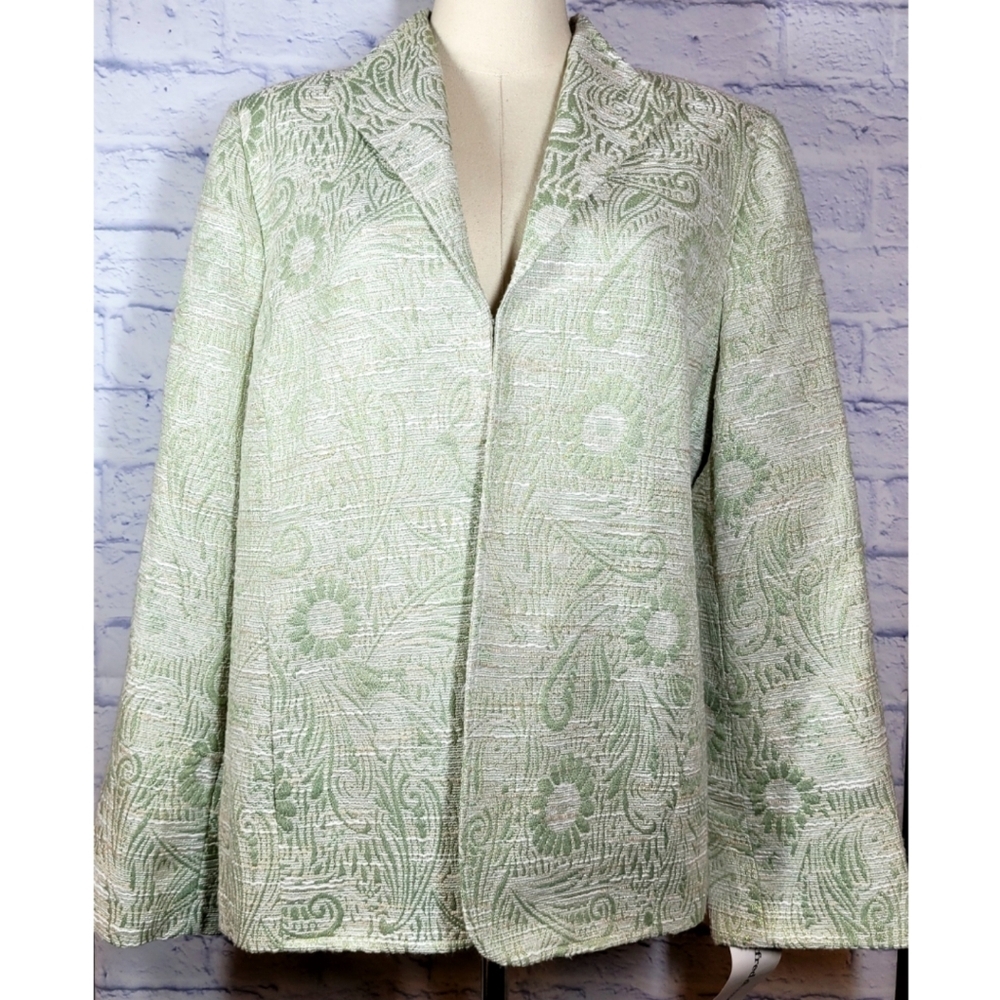 Alfred Dunner Blazer Jacket Floral Size 12 Mint Green Metallic Gold Brocade